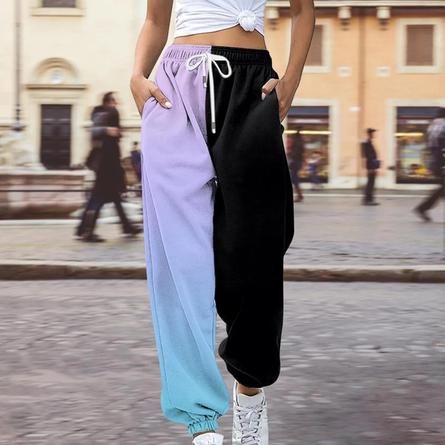 Fashion Two Tone Sweatpants for Women Casual Loose Fit Drawstring Elastic Waistband Cinch Bottom Slacks Workout Sport Joggers