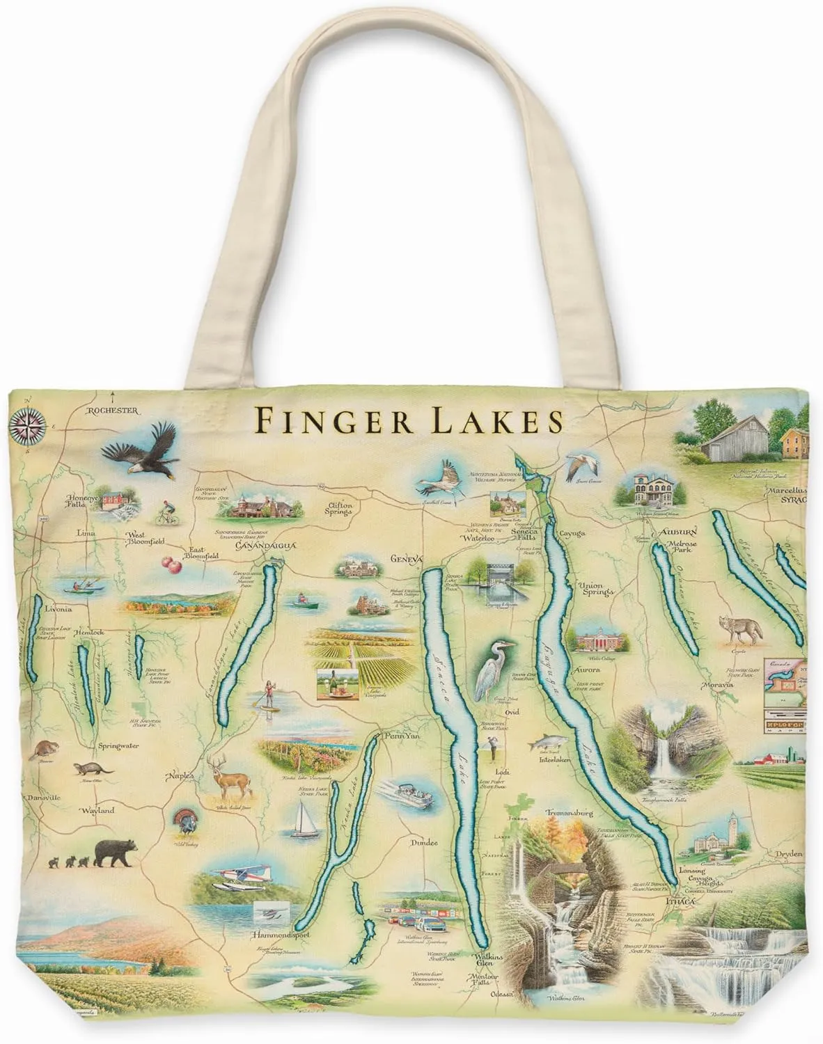 Finger Lakes, New York Map Canvas Tote Bag with Handles, Cloth Grocery Shopping Bag, Reusable & Eco-friendly Bag