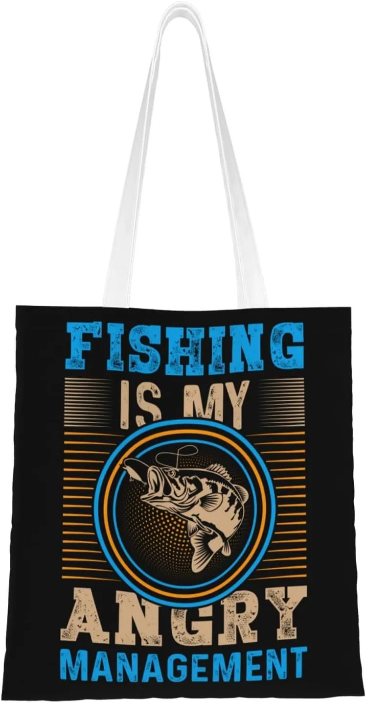 Fishing Is My Anger Management Tote Bag for Women Canvas Shopping Bags Reusable Beach Bag Grocery Bags Tote Shoulder Bag Gift Bags