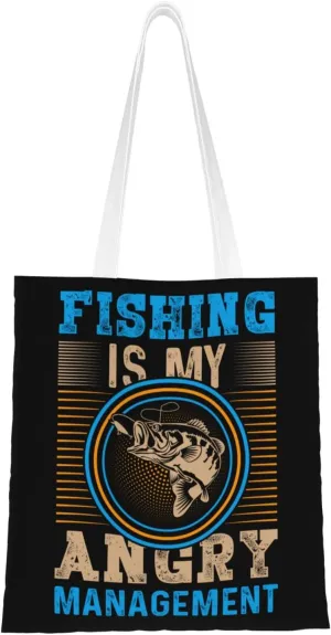 Fishing Is My Anger Management Tote Bag for Women Canvas Shopping Bags Reusable Beach Bag Grocery Bags Tote Shoulder Bag Gift Bags