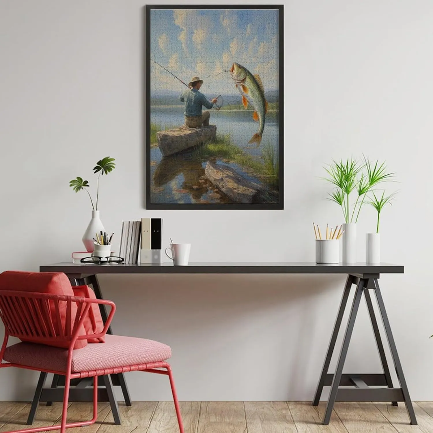 Fishing Lakeside Man Fish Lake Oil Painting Jigsaw Puzzles Holiday Puzzles for Adults 500 Pieces Puzzles Educational Games Gift for Elders Family Friend Gift for Women Men 20.5x15 Inch