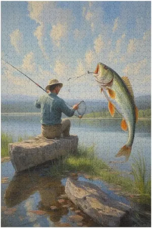 Fishing Lakeside Man Fish Lake Oil Painting Jigsaw Puzzles Holiday Puzzles for Adults 500 Pieces Puzzles Educational Games Gift for Elders Family Friend Gift for Women Men 20.5x15 Inch