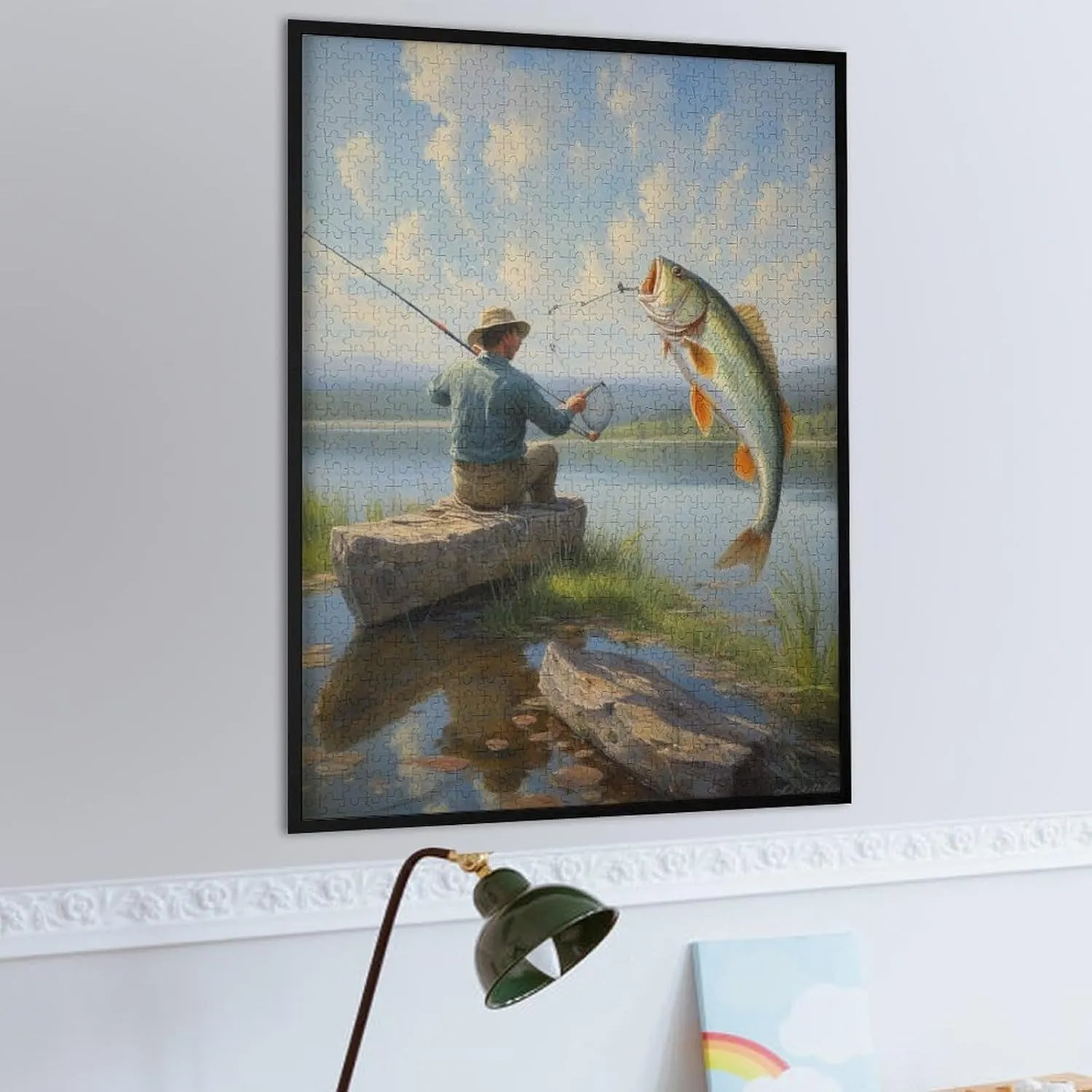 Fishing Lakeside Man Fish Lake Oil Painting Jigsaw Puzzles Holiday Puzzles for Adults 500 Pieces Puzzles Educational Games Gift for Elders Family Friend Gift for Women Men 20.5x15 Inch