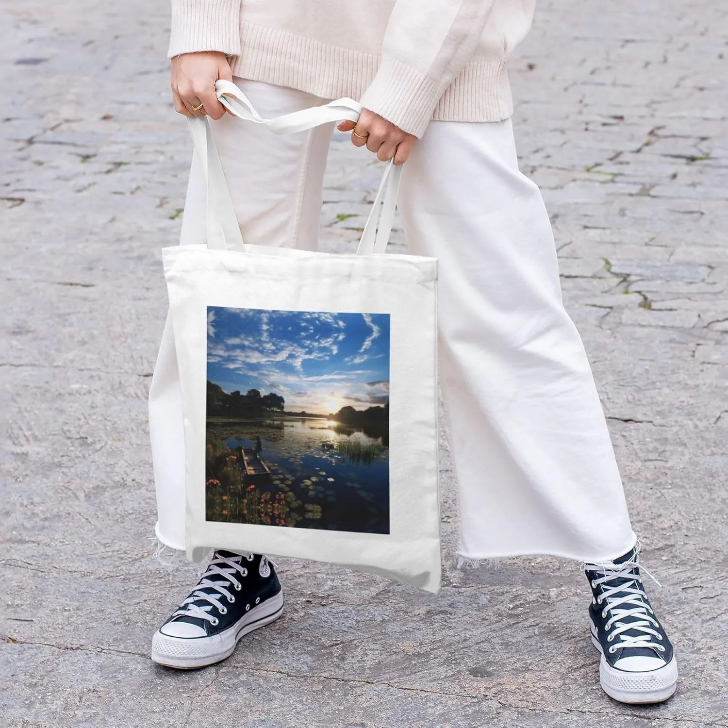 Fishing Scenic Print Canvas Shopping Bag Reusable Eco-Friendly Handbag With Large Capacity For Everyday Use