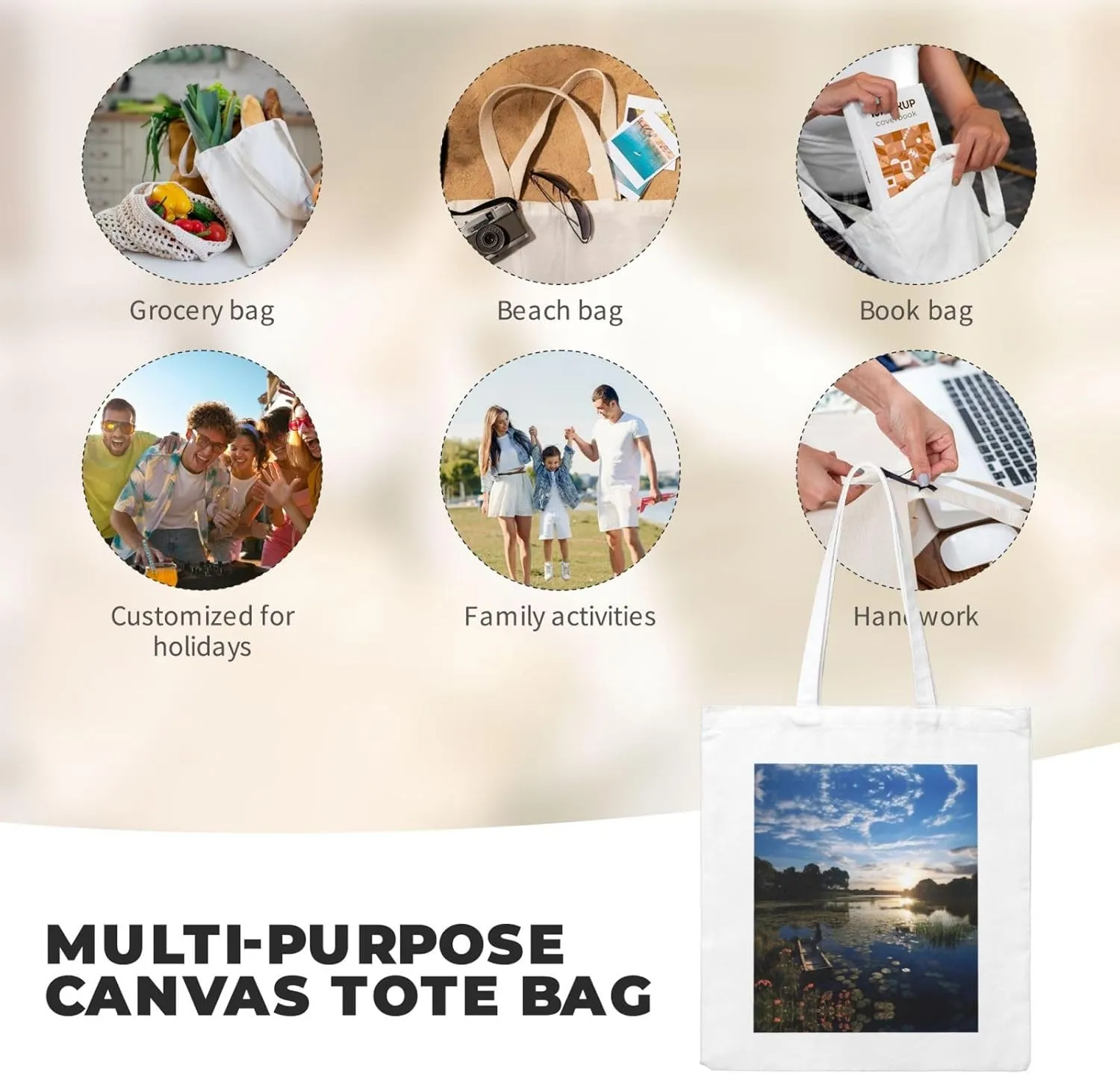 Fishing Scenic Print Canvas Shopping Bag Reusable Eco-Friendly Handbag With Large Capacity For Everyday Use