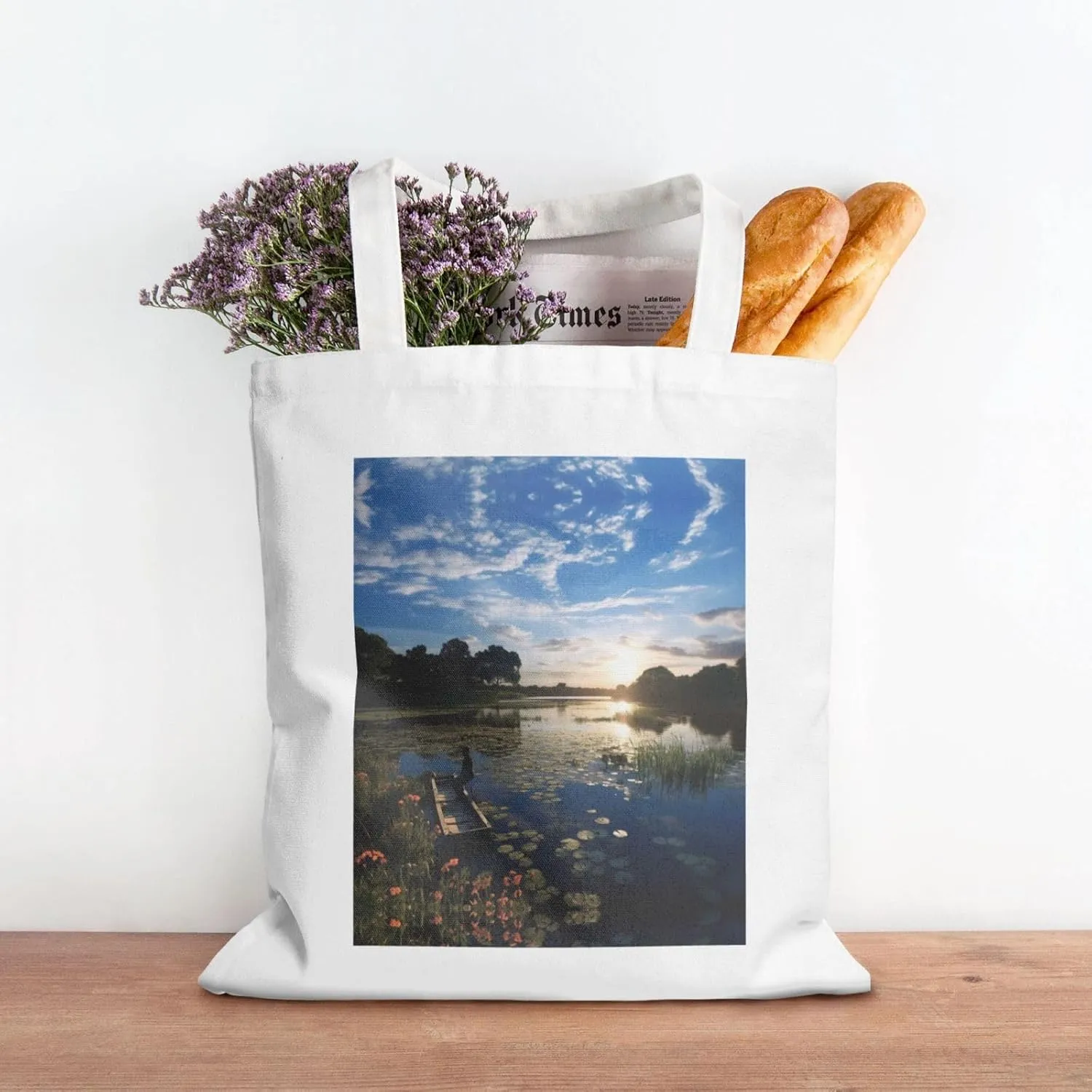 Fishing Scenic Print Canvas Shopping Bag Reusable Eco-Friendly Handbag With Large Capacity For Everyday Use
