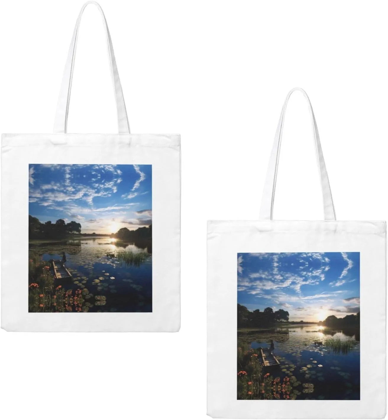 Fishing Scenic Print Canvas Shopping Bag Reusable Eco-Friendly Handbag With Large Capacity For Everyday Use