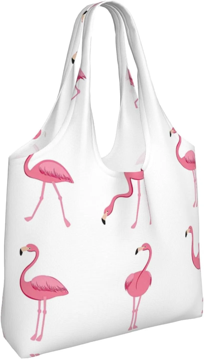 Flamingo Bird Round Leaves Canvas Bag Bag Handbag Eco-Friendly Reusable Groceryshopping Bags For Women Girls