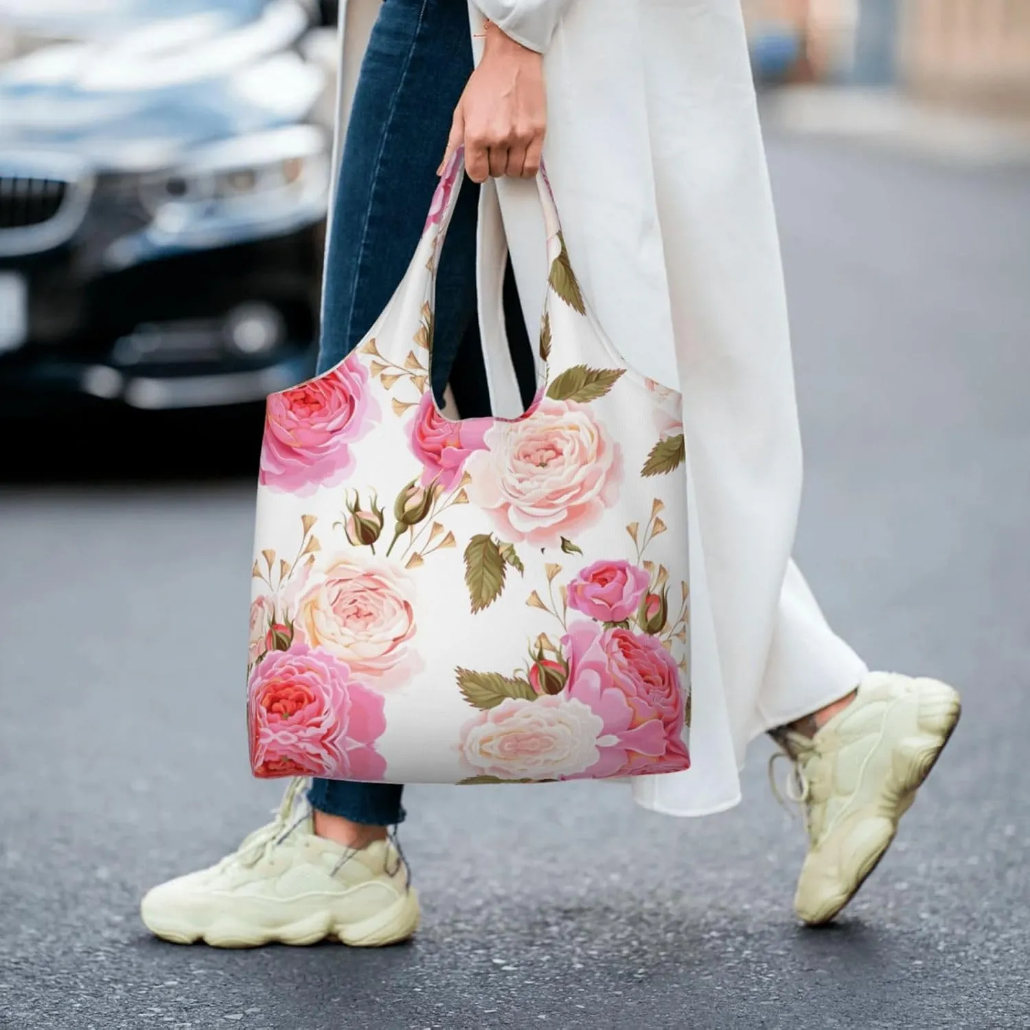 Flamingo Bird Round Leaves Canvas Bag Bag Handbag Eco-Friendly Reusable Groceryshopping Bags For Women Girls