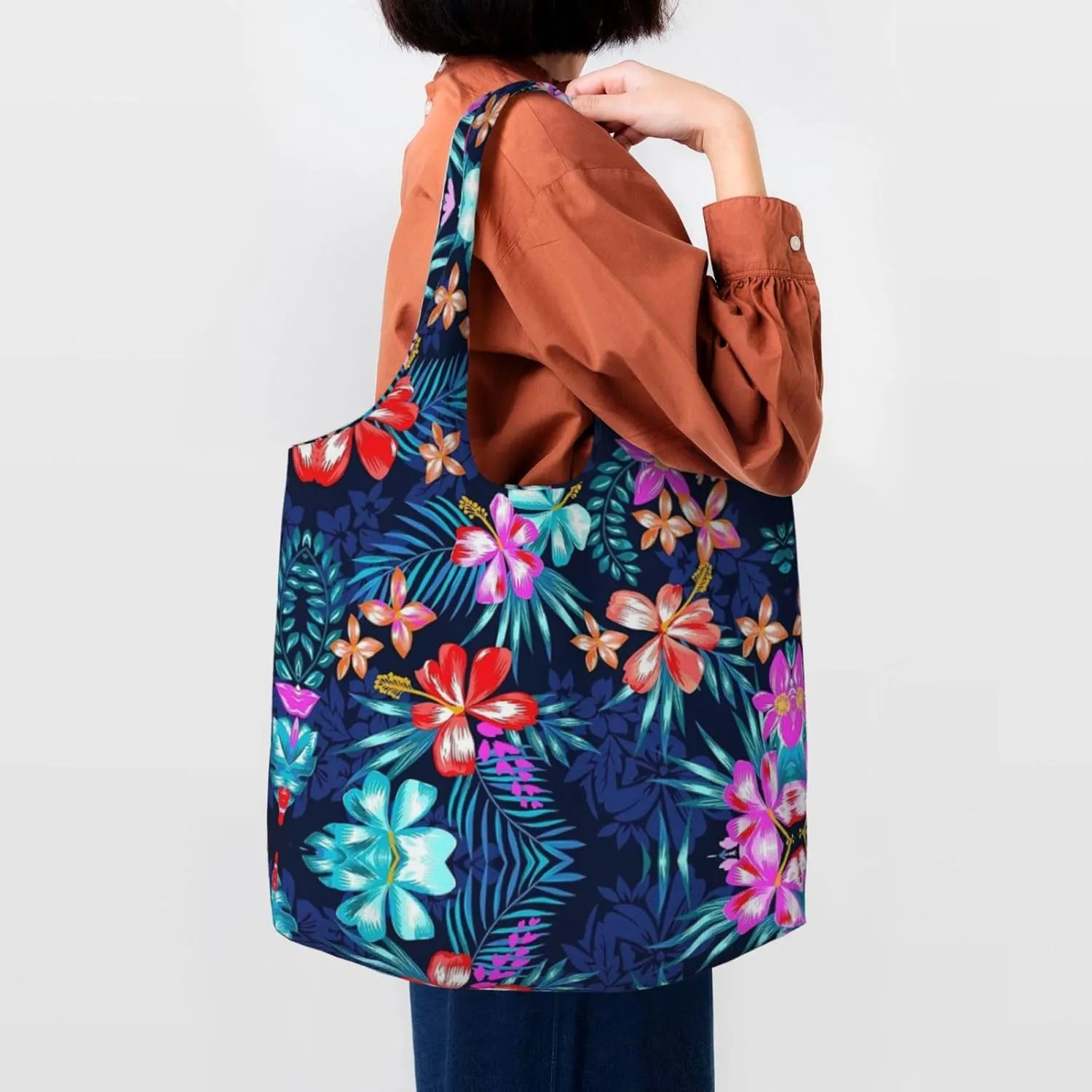 Flamingo Bird Round Leaves Canvas Bag Bag Handbag Eco-Friendly Reusable Groceryshopping Bags For Women Girls