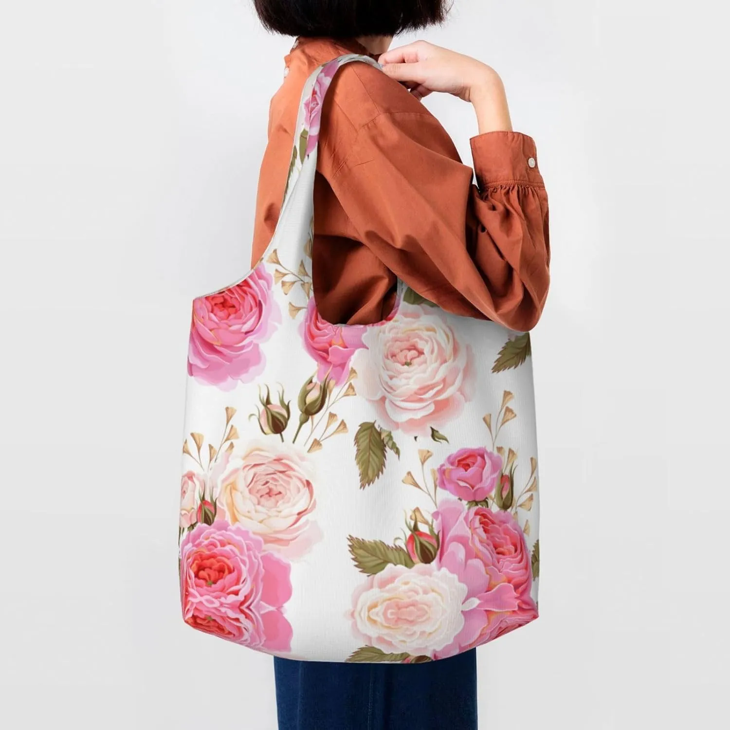 Flamingo Bird Round Leaves Canvas Bag Bag Handbag Eco-Friendly Reusable Groceryshopping Bags For Women Girls
