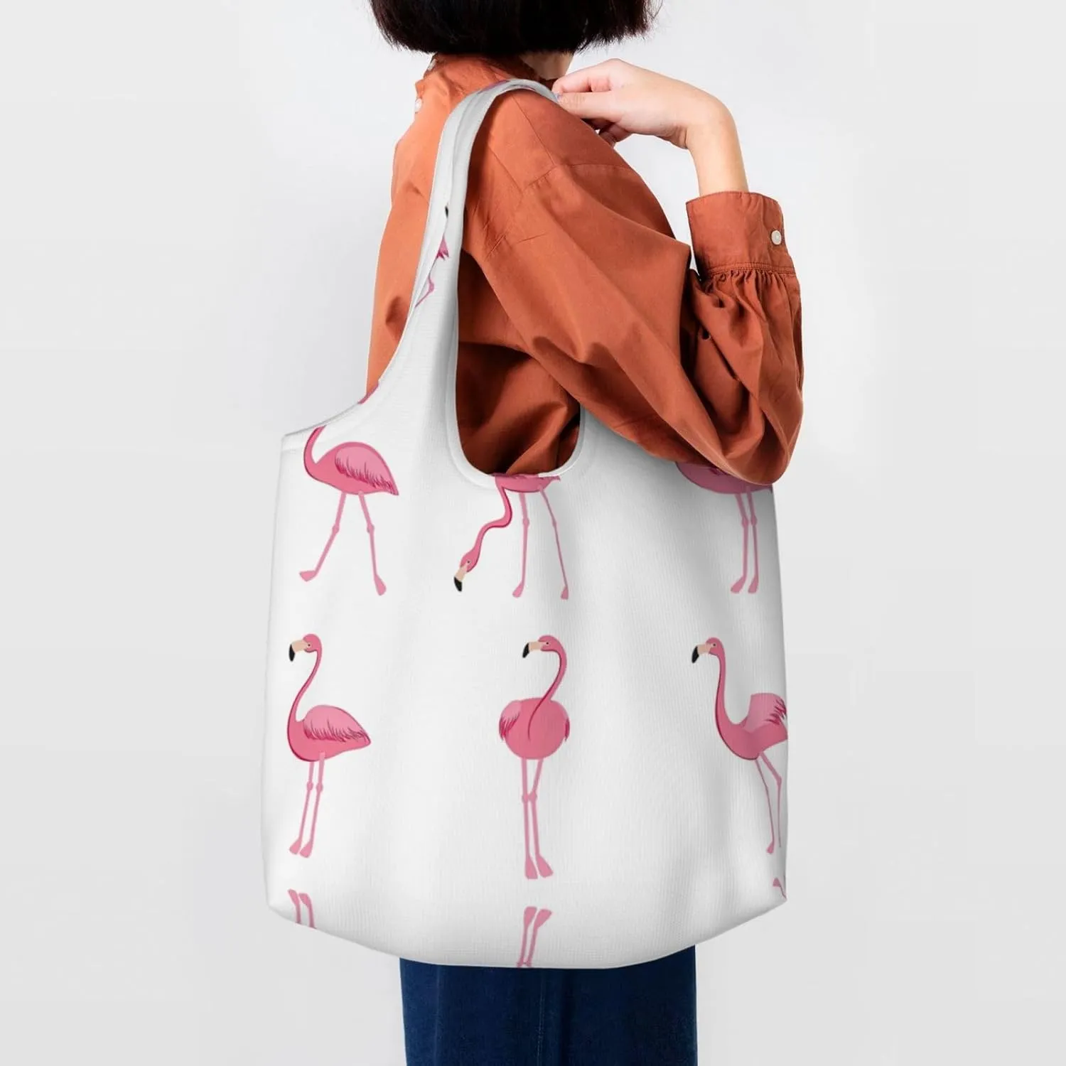 Flamingo Bird Round Leaves Canvas Bag Bag Handbag Eco-Friendly Reusable Groceryshopping Bags For Women Girls