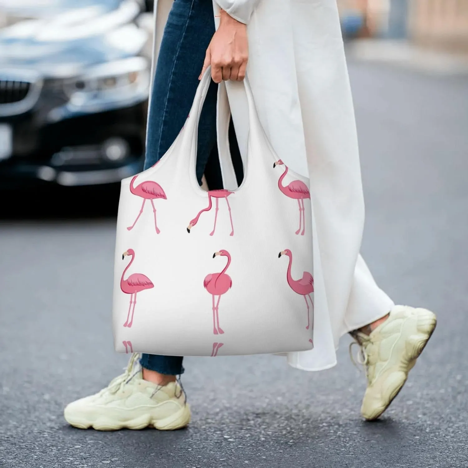 Flamingo Bird Round Leaves Canvas Bag Bag Handbag Eco-Friendly Reusable Groceryshopping Bags For Women Girls