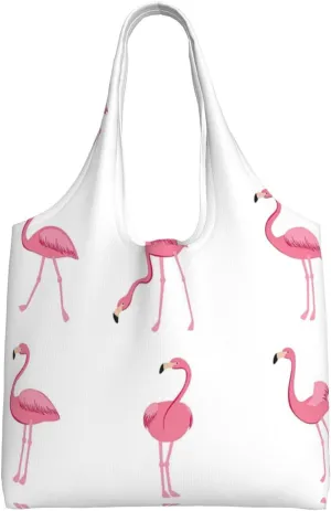Flamingo Bird Round Leaves Canvas Bag Bag Handbag Eco-Friendly Reusable Groceryshopping Bags For Women Girls