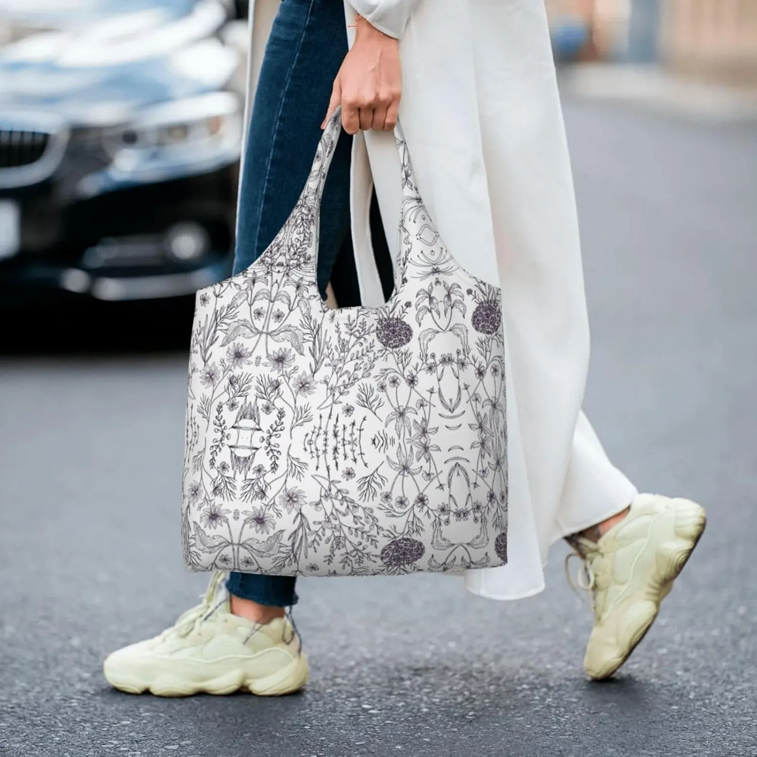 Flamingo Bird Round Leaves Canvas Bag Bag Handbag Eco-Friendly Reusable Groceryshopping Bags For Women Girls