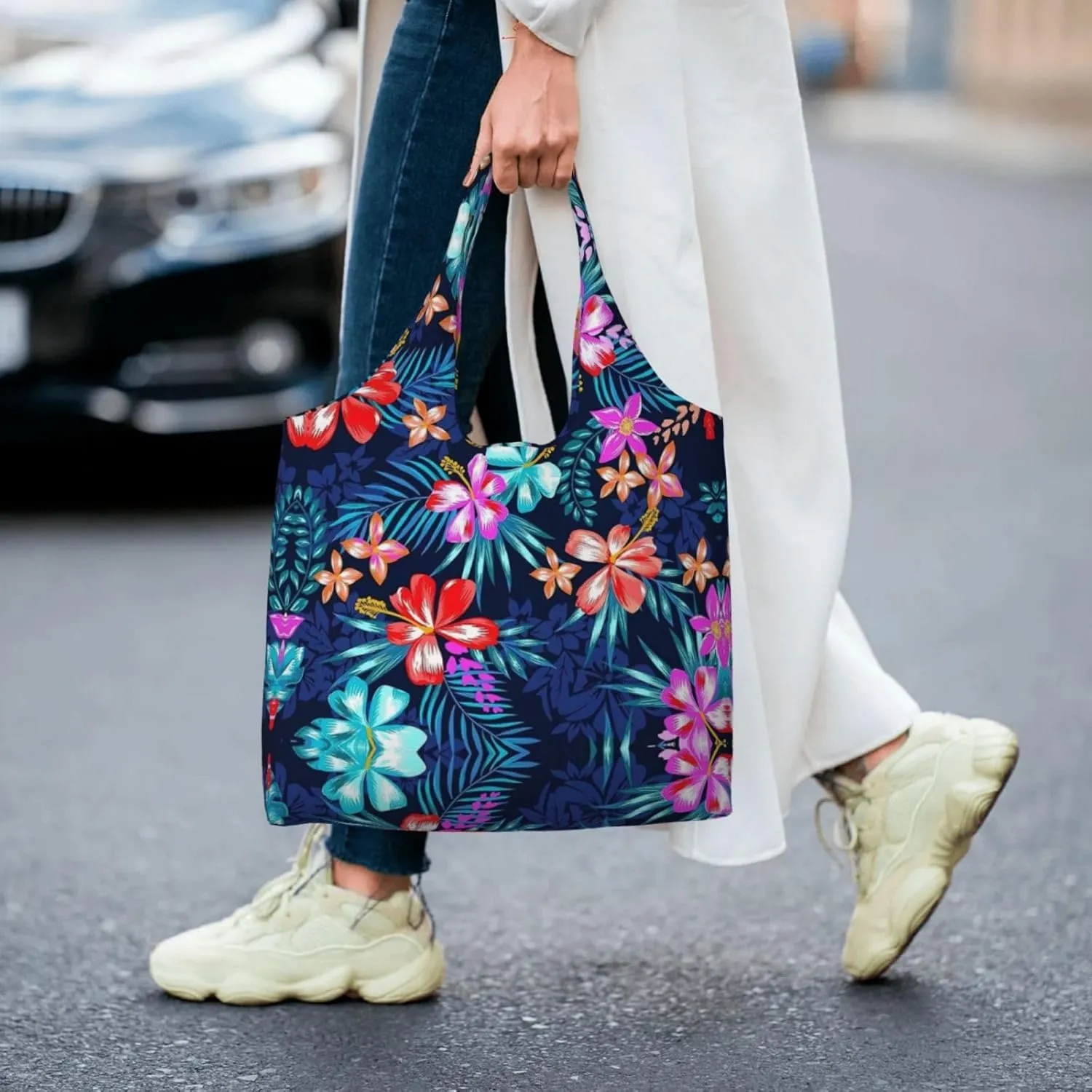 Flamingo Bird Round Leaves Canvas Bag Bag Handbag Eco-Friendly Reusable Groceryshopping Bags For Women Girls