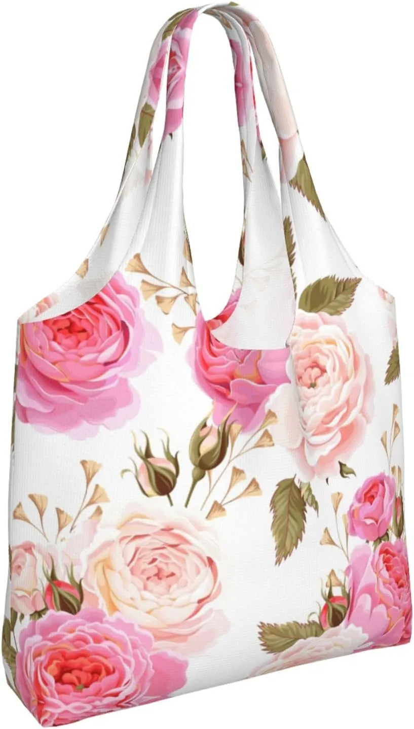 Flamingo Bird Round Leaves Canvas Bag Bag Handbag Eco-Friendly Reusable Groceryshopping Bags For Women Girls