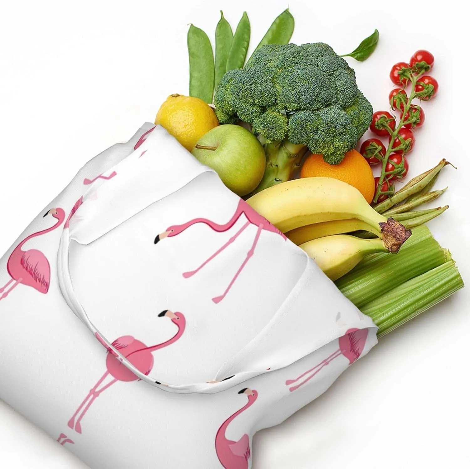Flamingo Bird Round Leaves Canvas Bag Bag Handbag Eco-Friendly Reusable Groceryshopping Bags For Women Girls