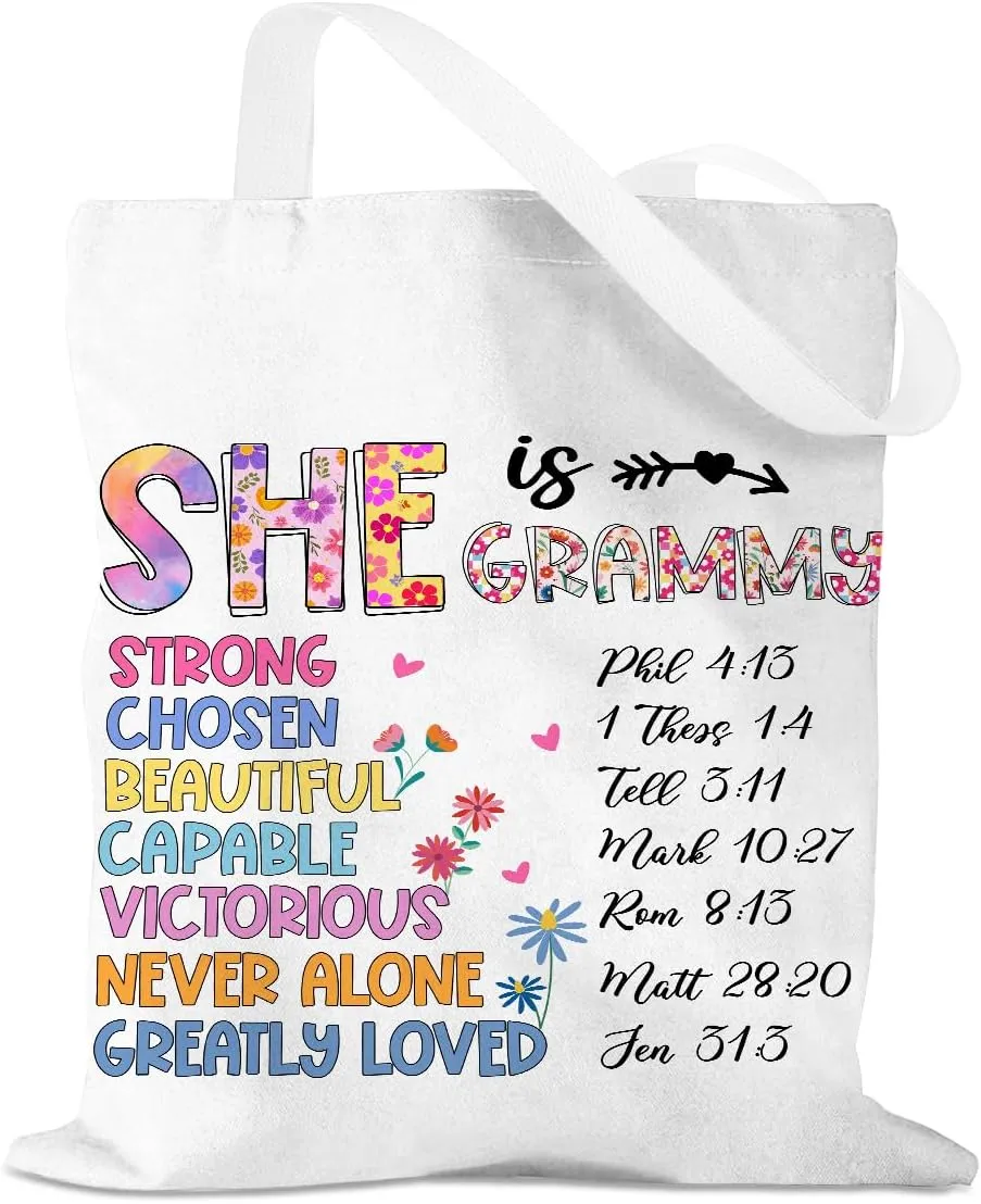 Flower Canvas Tote Bag Grandma Mom Gifts, Birthday Inspirational Gifts for Women Mothers Day Reusable Grocery Bag