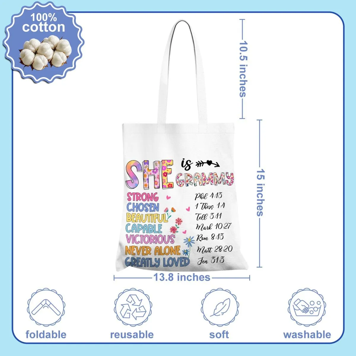 Flower Canvas Tote Bag Grandma Mom Gifts, Birthday Inspirational Gifts for Women Mothers Day Reusable Grocery Bag