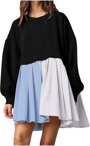 Flowy Dresses for Women Long Sleeve Color Block Patchwork Sweatshirt Dress Causal Loose Crewneck Pleated Pullover Top