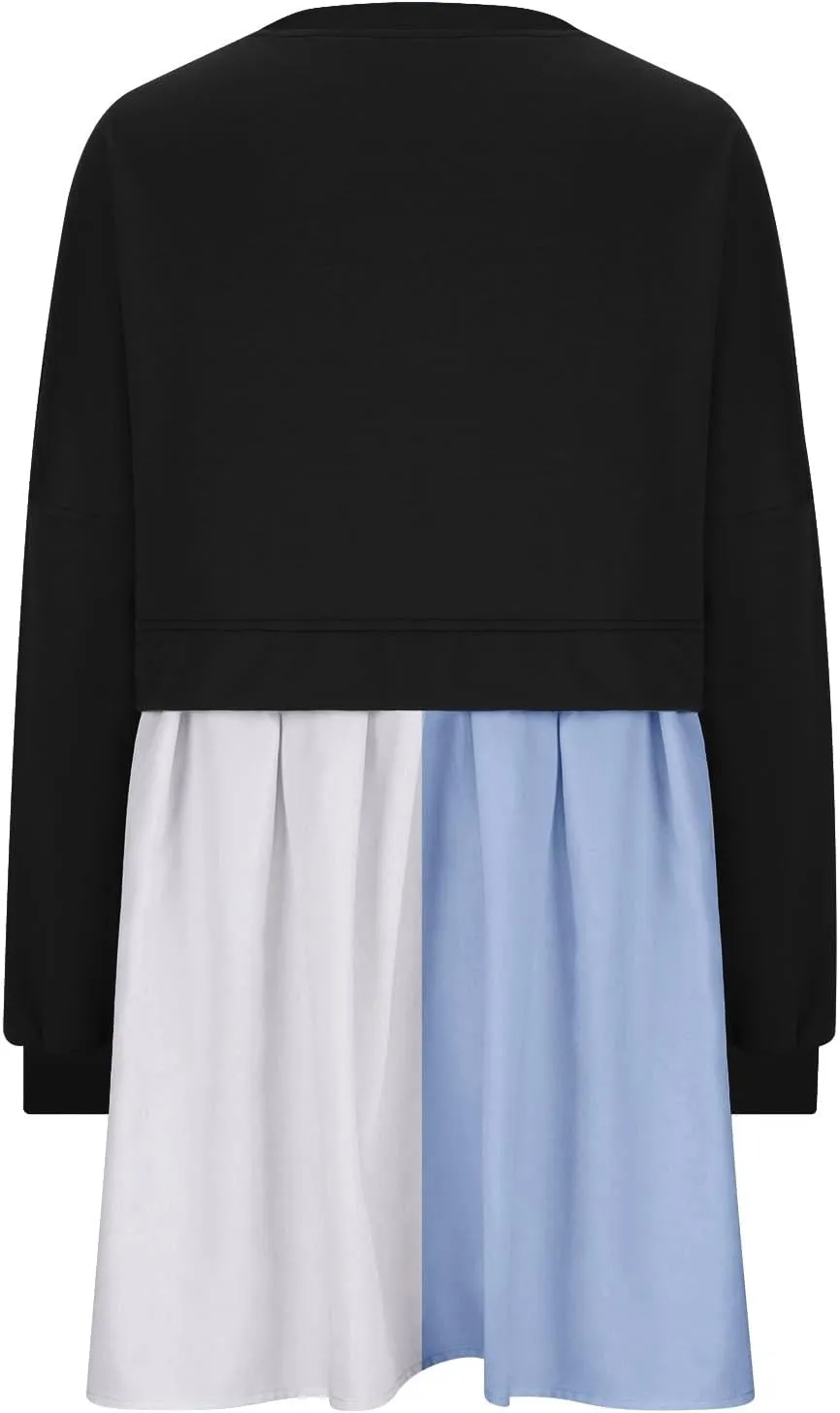 Flowy Dresses for Women Long Sleeve Color Block Patchwork Sweatshirt Dress Causal Loose Crewneck Pleated Pullover Top