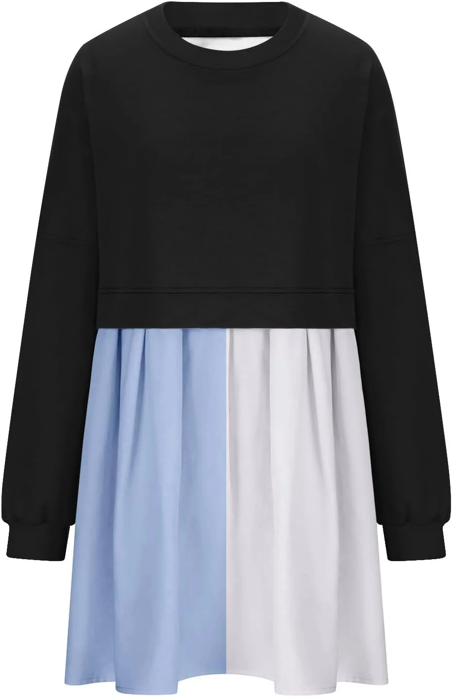 Flowy Dresses for Women Long Sleeve Color Block Patchwork Sweatshirt Dress Causal Loose Crewneck Pleated Pullover Top