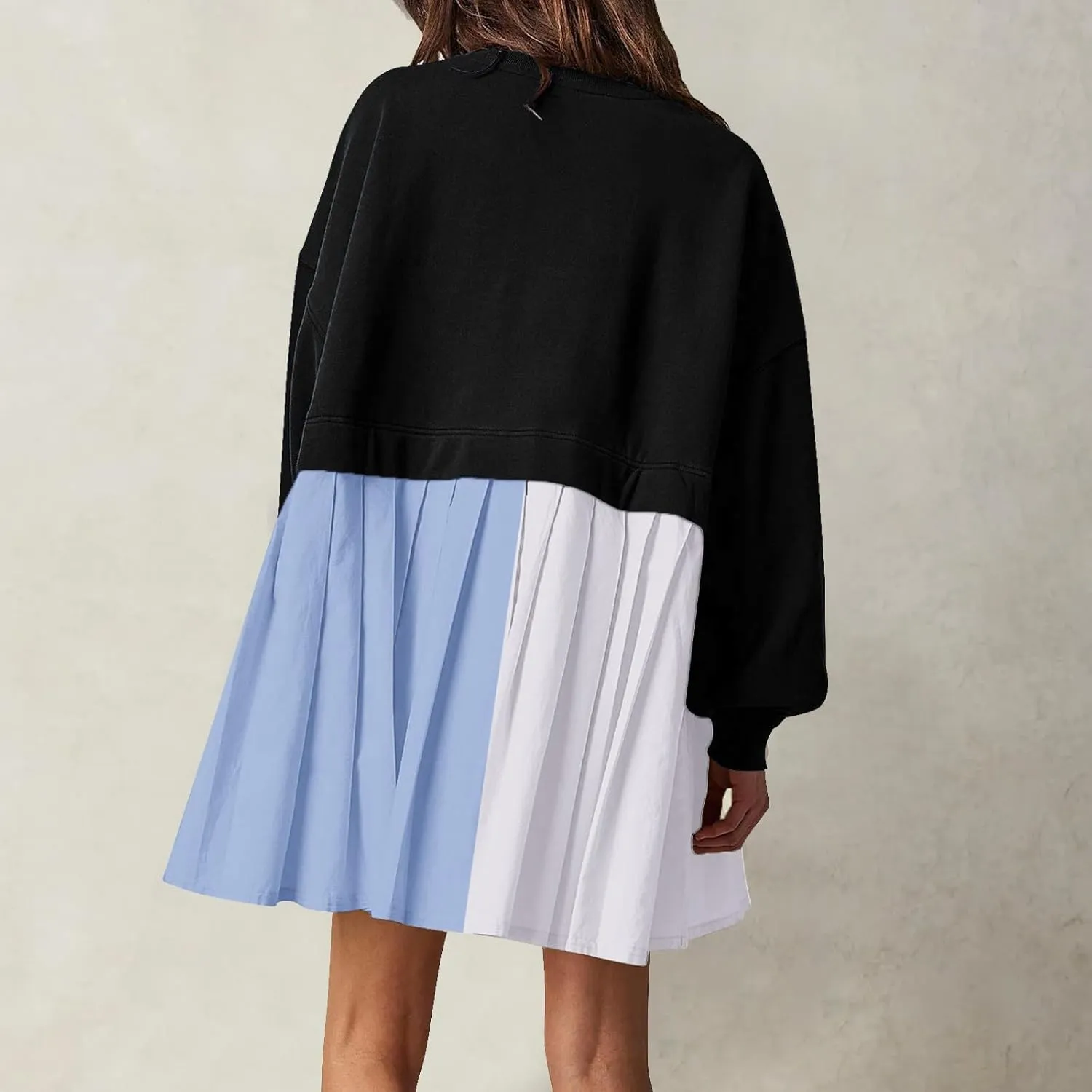 Flowy Dresses for Women Long Sleeve Color Block Patchwork Sweatshirt Dress Causal Loose Crewneck Pleated Pullover Top