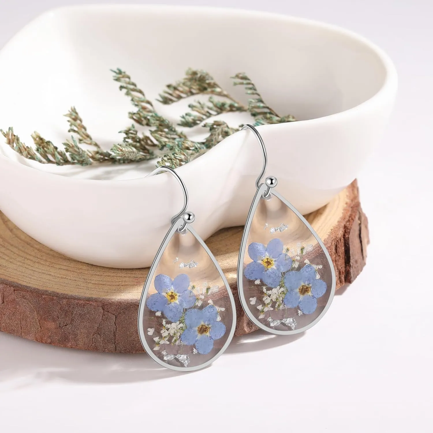 Forget-Me-Not and Queen Anne's Lace Pressed Wildflower Earrings | Silver Drop Dangle Earrings for Girls | Forget-Me-Not Jewelry | Personalized Handmade Earrings | Gift for Woman