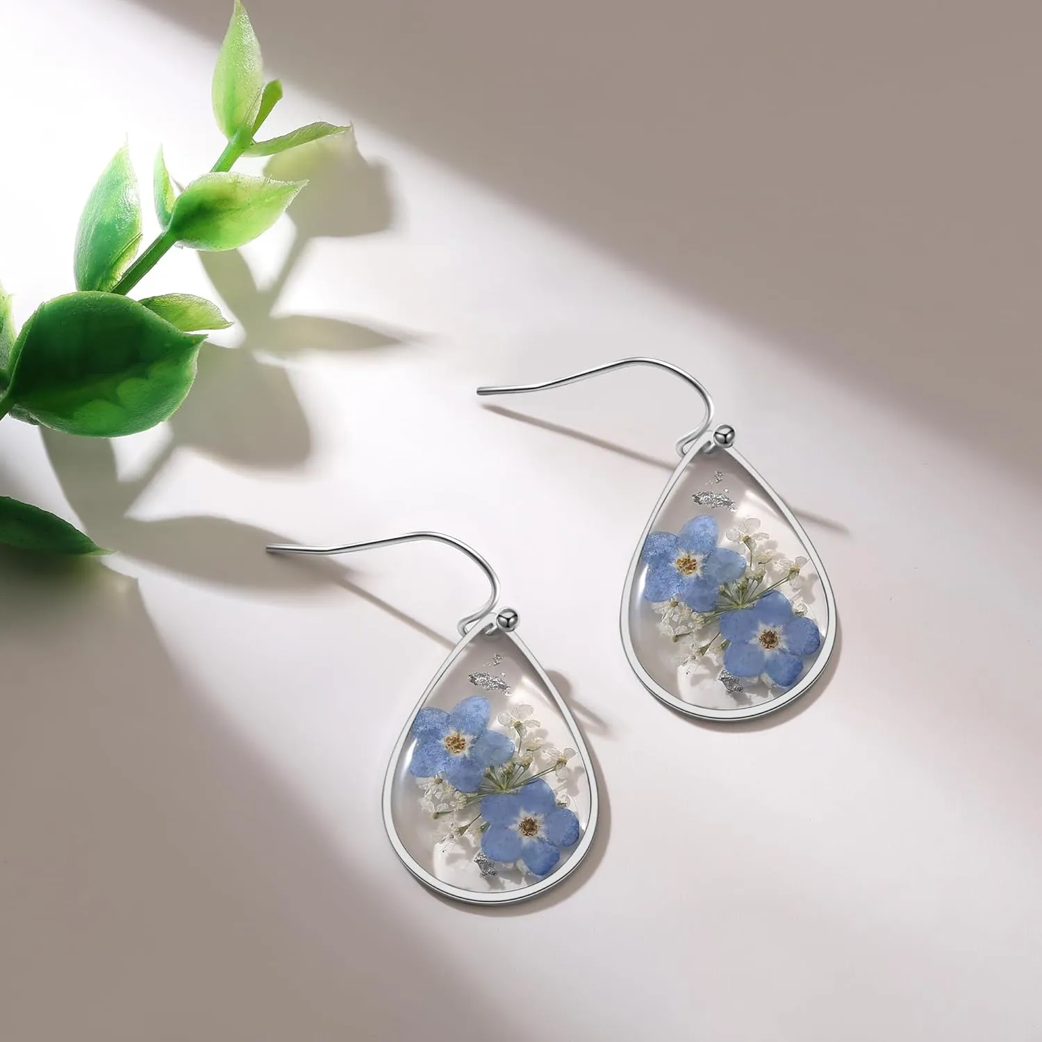 Forget-Me-Not and Queen Anne's Lace Pressed Wildflower Earrings | Silver Drop Dangle Earrings for Girls | Forget-Me-Not Jewelry | Personalized Handmade Earrings | Gift for Woman