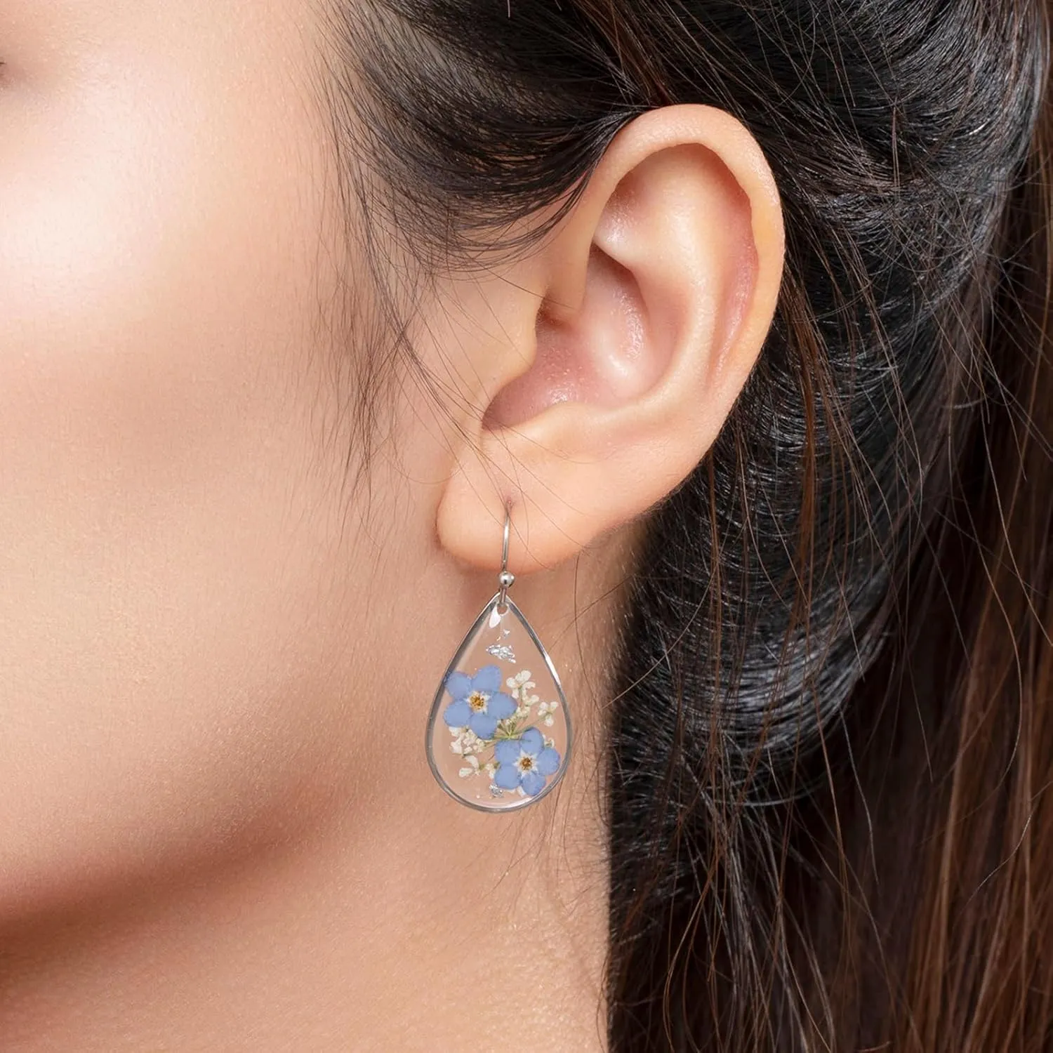 Forget-Me-Not and Queen Anne's Lace Pressed Wildflower Earrings | Silver Drop Dangle Earrings for Girls | Forget-Me-Not Jewelry | Personalized Handmade Earrings | Gift for Woman