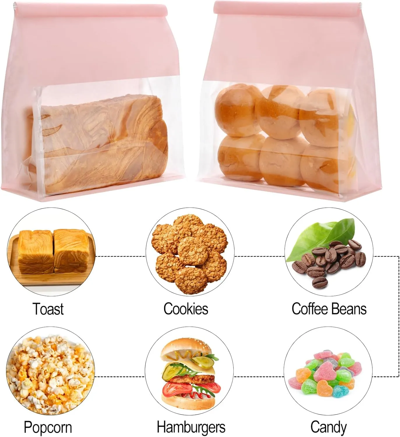Funcoo 50 Pcs Paper Bread Loaf Bag Food Packaging Storage Bakery Bag with Front Window, Tin Tie Tab Lock Paper Bags (11'' X 8.7'' X 4.3'') (Pink)