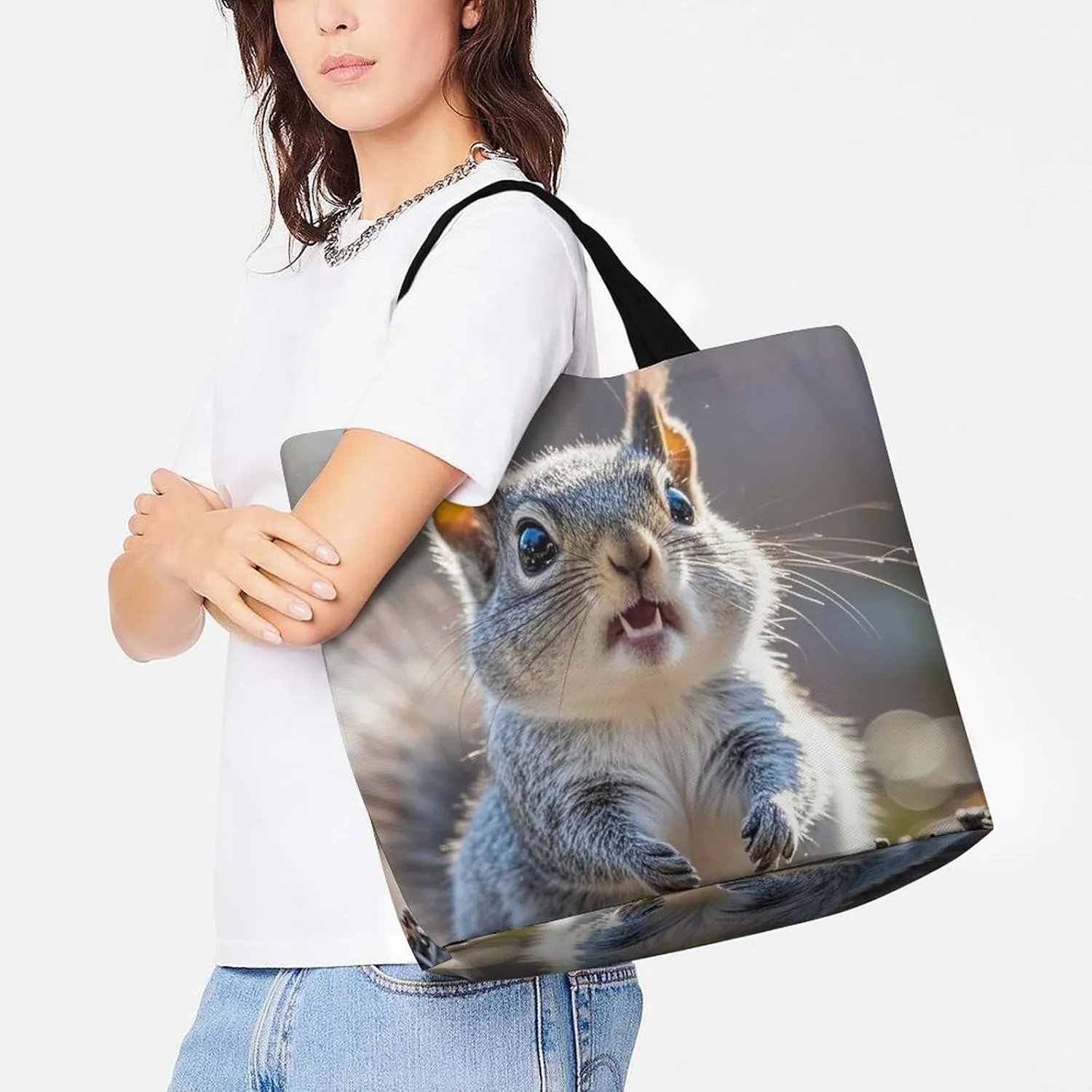 Funny Cute Squirrel Tote Bag for Women Reusable Grocery Shoulder Bag Shopping Bags for Travel, Groceries