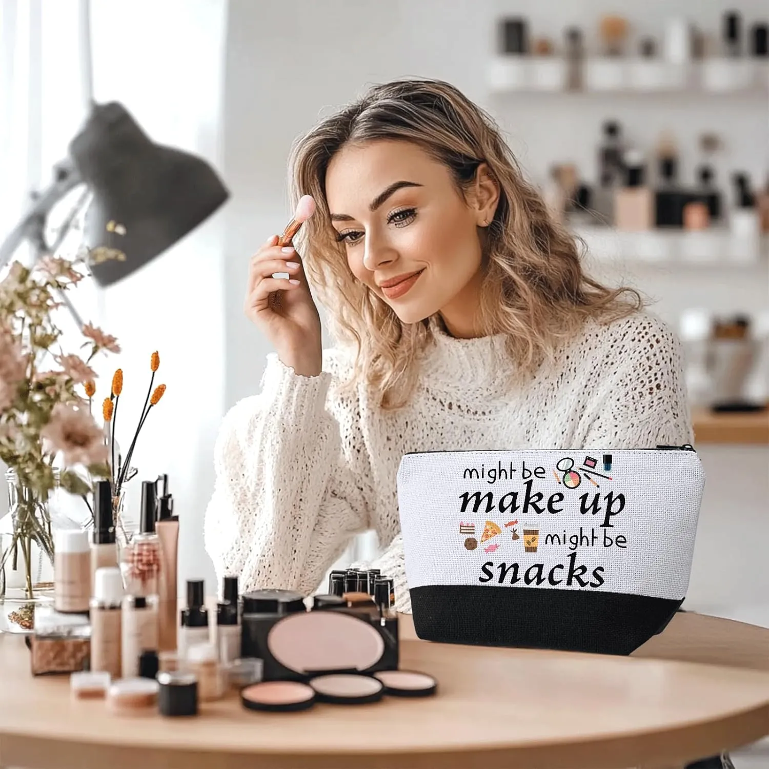 Funny Makeup Bag,Might Be Make Up Might Be Snacks Toiletry Bag Cosmetic Bag,Travel Essentials Friendship Gifts for Women Gifts for Birthday Christmas