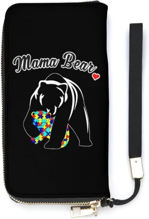 Funny Mama Bear Autism Awareness Women's PU Leather Zip Around Wallets Handbag Cellphone Purse Card Holder With Wristlet Strap