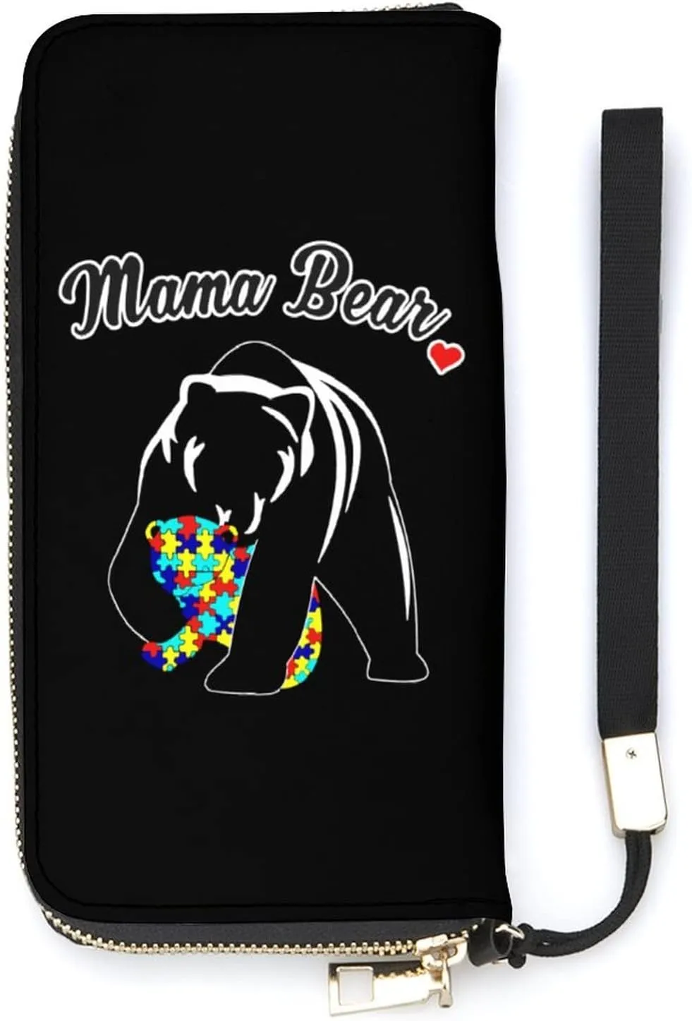 Funny Mama Bear Autism Awareness Women's PU Leather Zip Around Wallets Handbag Cellphone Purse Card Holder With Wristlet Strap