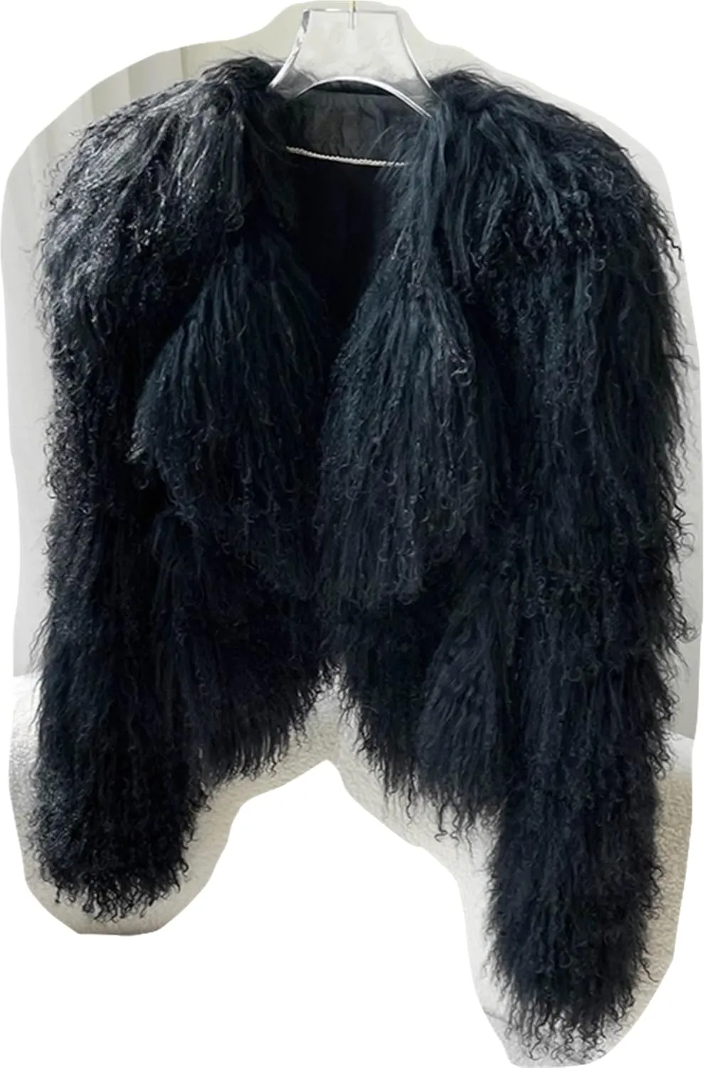 FURINFASHION D-45 Winter Warm Furry Jacket For Women With Fluffy Real Mongolian Lamb Fur Long Curly Hair Luxury Coat Garment (M, Black)