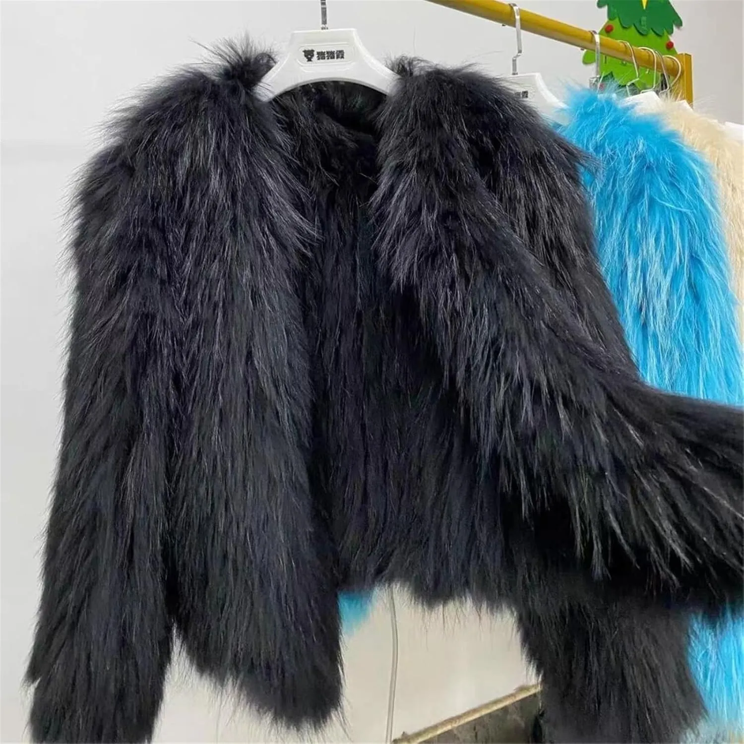 FURINFASHION D-45 Winter Warm Furry Jacket For Women With Fluffy Real Mongolian Lamb Fur Long Curly Hair Luxury Coat Garment (M, Black)