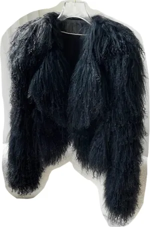 FURINFASHION D-45 Winter Warm Furry Jacket For Women With Fluffy Real Mongolian Lamb Fur Long Curly Hair Luxury Coat Garment (M, Black)