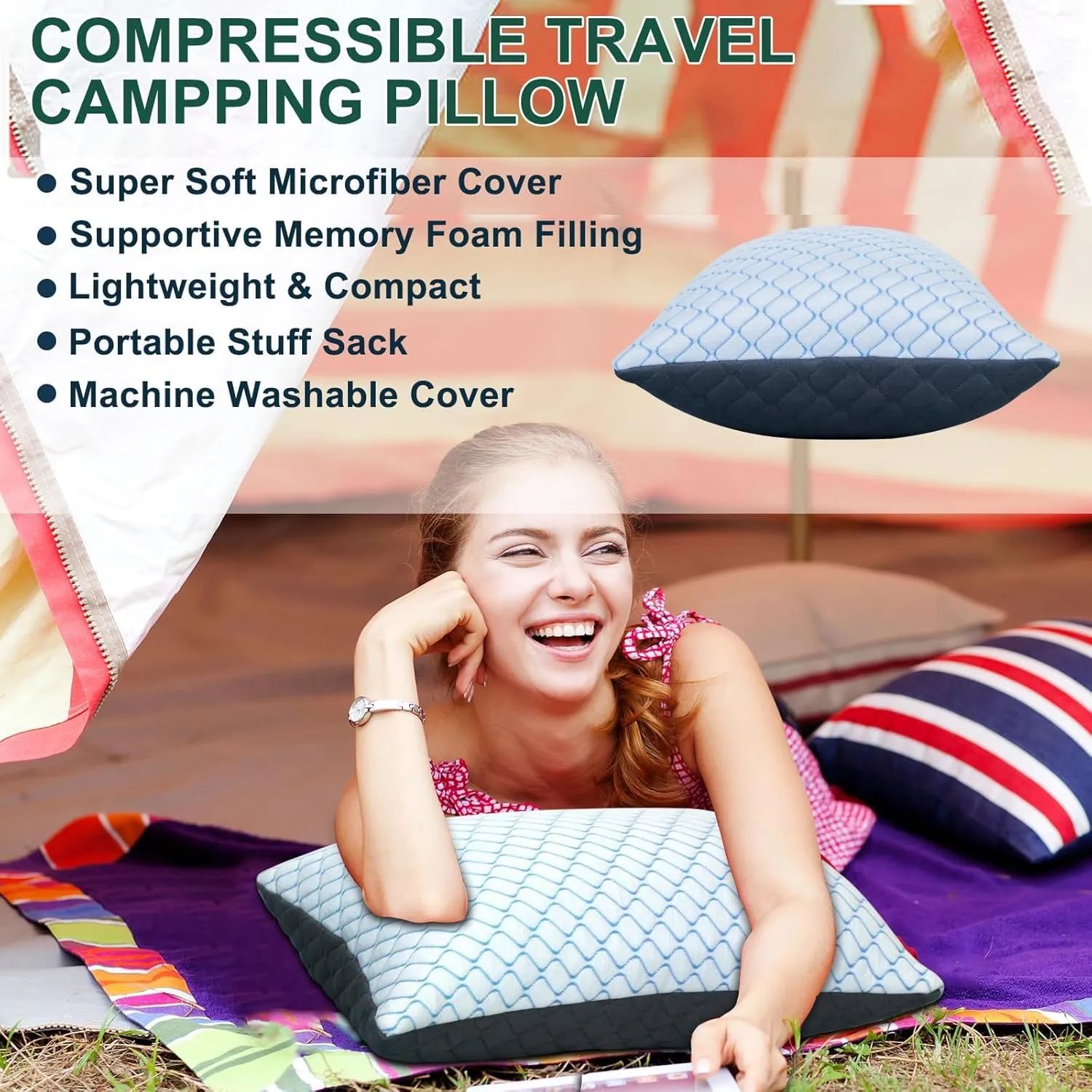 Gehannah Travel Pillow - Large 1 Pack Compressible Camping Pillow for Sleeping - Shredded Memory Foam with 2 Storage Bags - Supportive for Adults, Kids, Outdoor, Backpacking, Hiking Gear