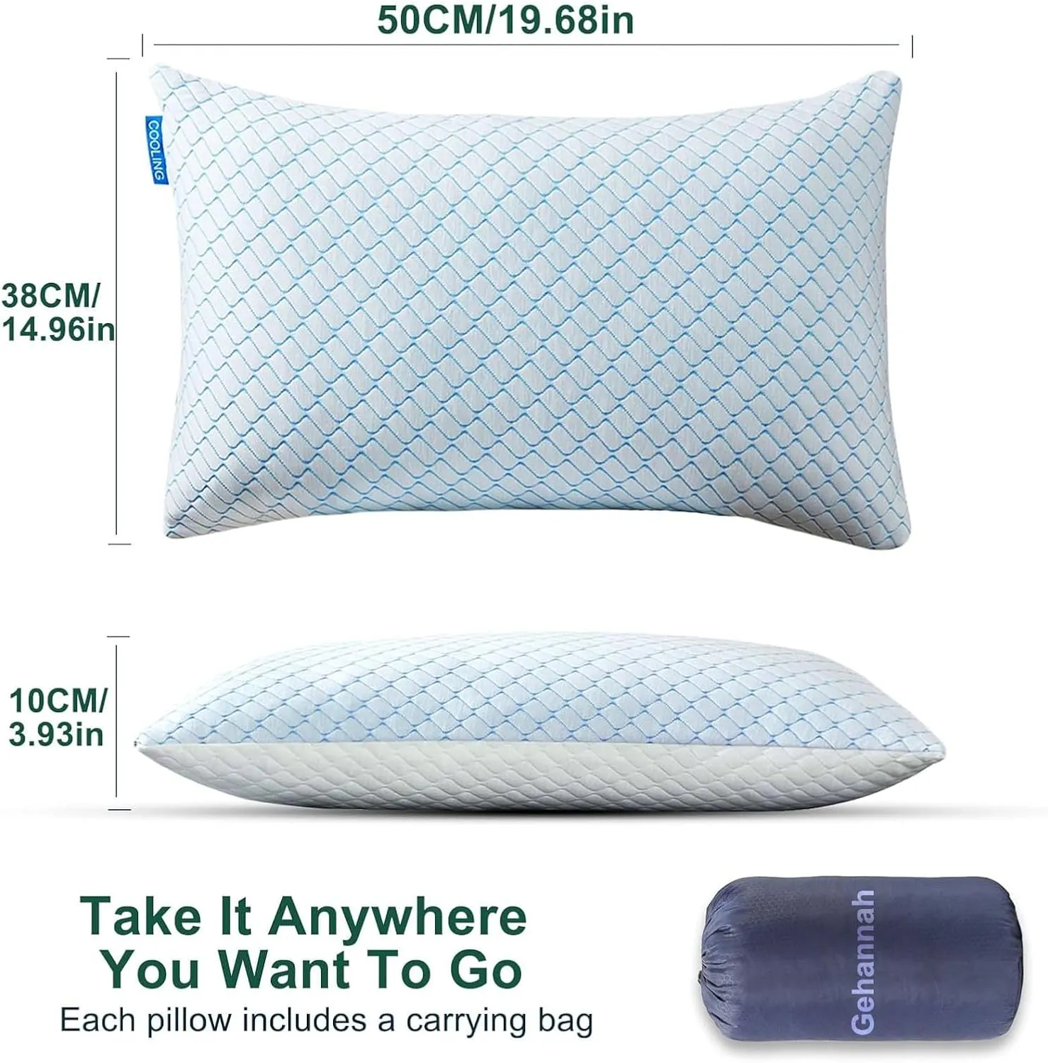 Gehannah Travel Pillow - Large 1 Pack Compressible Camping Pillow for Sleeping - Shredded Memory Foam with 2 Storage Bags - Supportive for Adults, Kids, Outdoor, Backpacking, Hiking Gear