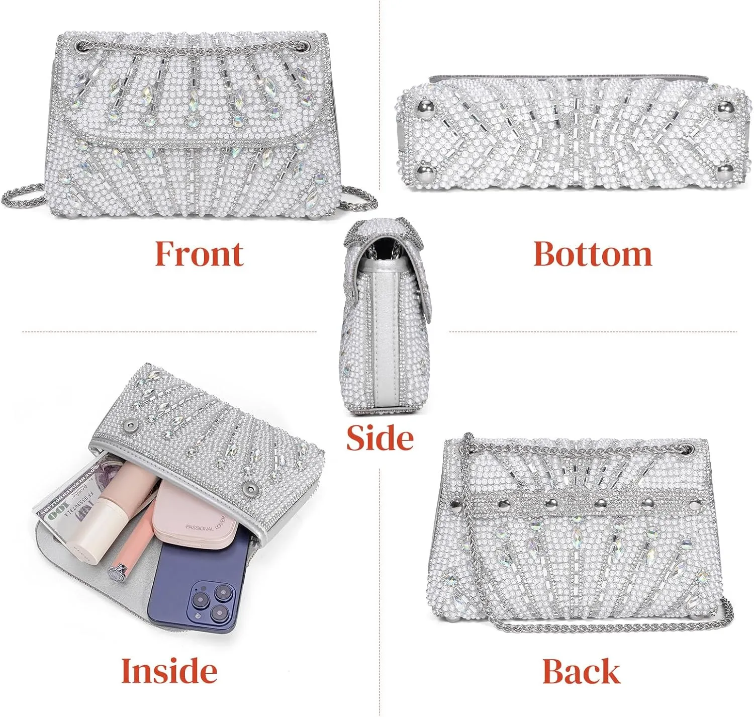Gets Sparkly Rhinestones Clutch Purses for Women Purses and Handbags for Wedding Party Evening Crossbody Bag with Chain