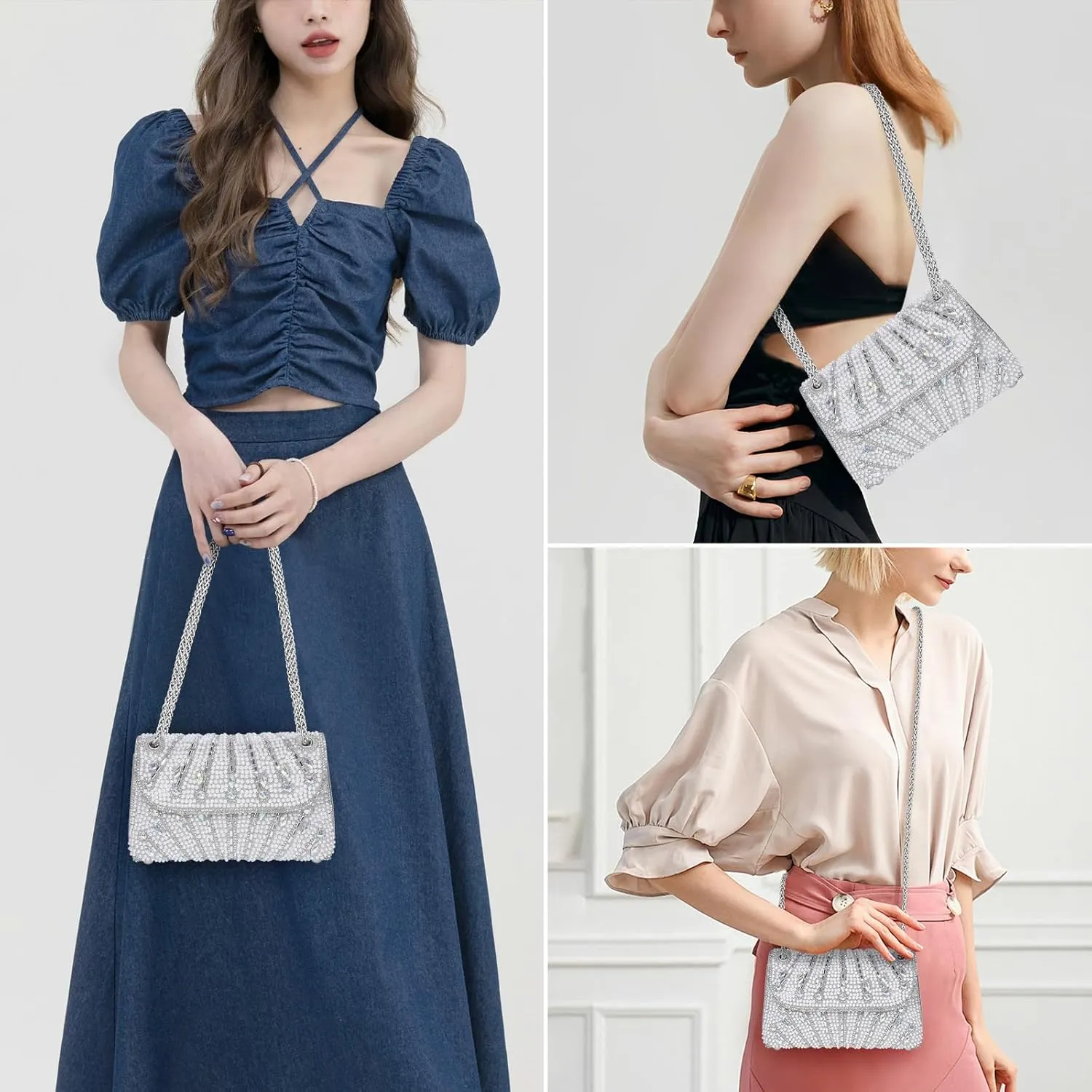 Gets Sparkly Rhinestones Clutch Purses for Women Purses and Handbags for Wedding Party Evening Crossbody Bag with Chain