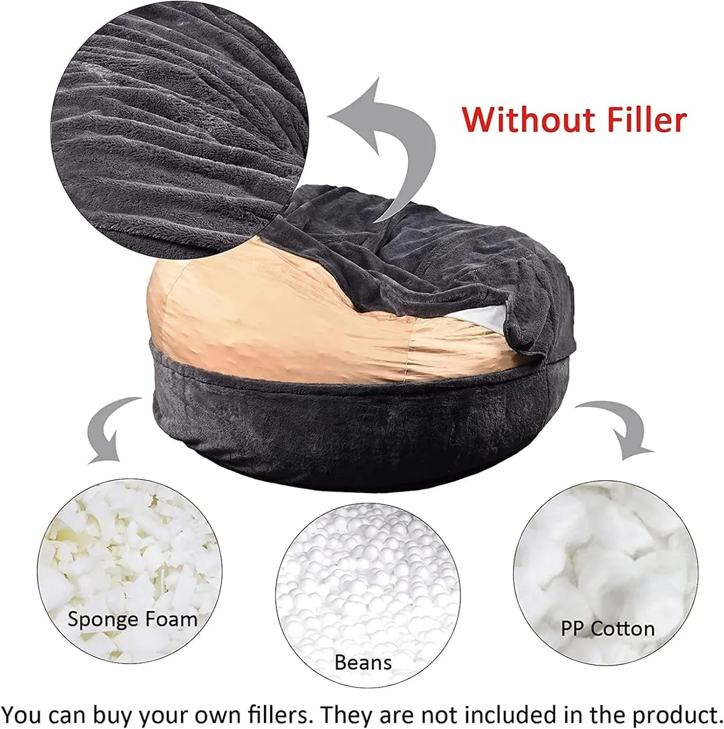 Giant Fur Bean Bag Chair Cover for Kids Adults, (No Filler) Living Room Furniture Big Round Soft Fluffy Faux Fur Beanbag Lazy Sofa Bed Cover (Black, 7FT)