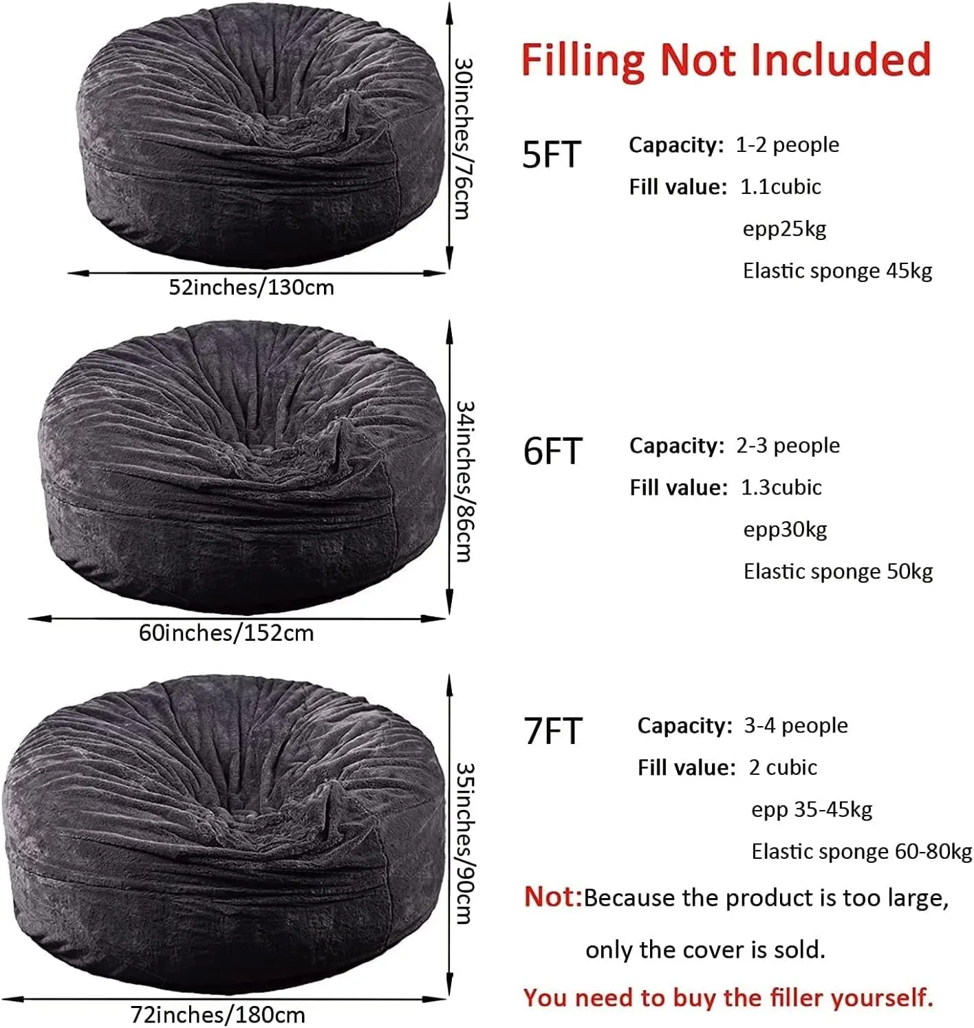 Giant Fur Bean Bag Chair Cover for Kids Adults, (No Filler) Living Room Furniture Big Round Soft Fluffy Faux Fur Beanbag Lazy Sofa Bed Cover (Black, 7FT)