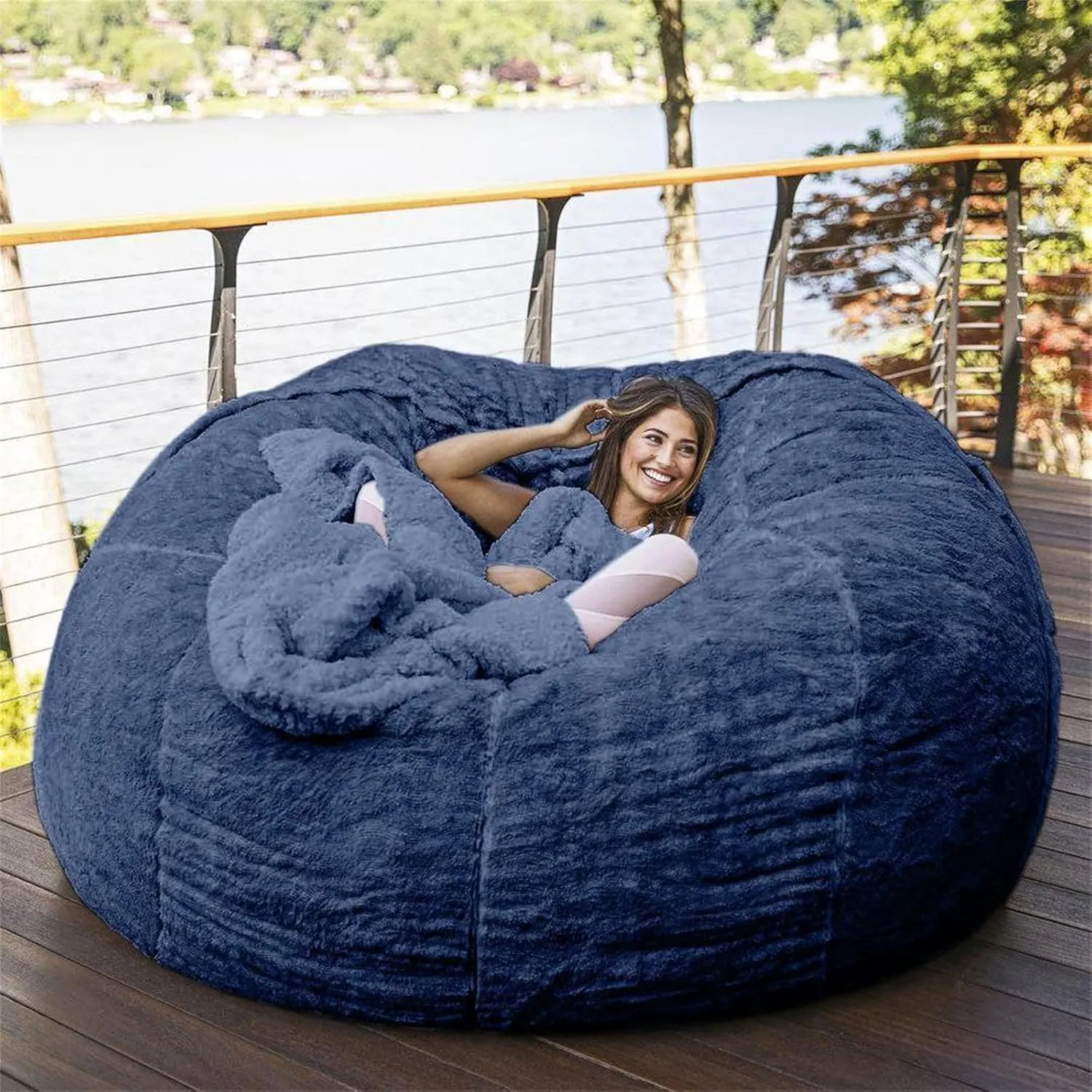 Giant Fur Bean Bag Chair Cover for Kids Adults, (No Filler) Living Room Furniture Big Round Soft Fluffy Faux Fur Beanbag Lazy Sofa Bed Cover (Blue, 5FT)