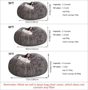 Giant Fur Bean Bag Chair Cover for Kids Adults, (No Filler) Living Room Furniture Big Round Soft Fluffy Faux Fur Beanbag Lazy Sofa Bed Cover (Burgundy, 5FT)