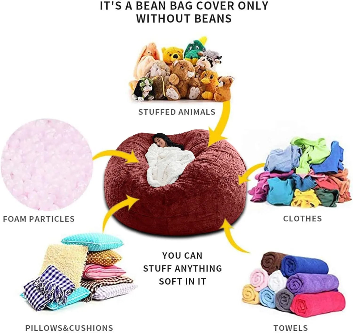 Giant Fur Bean Bag Chair Cover for Kids Adults, (No Filler) Living Room Furniture Big Round Soft Fluffy Faux Fur Beanbag Lazy Sofa Bed Cover (Burgundy, 7FT)
