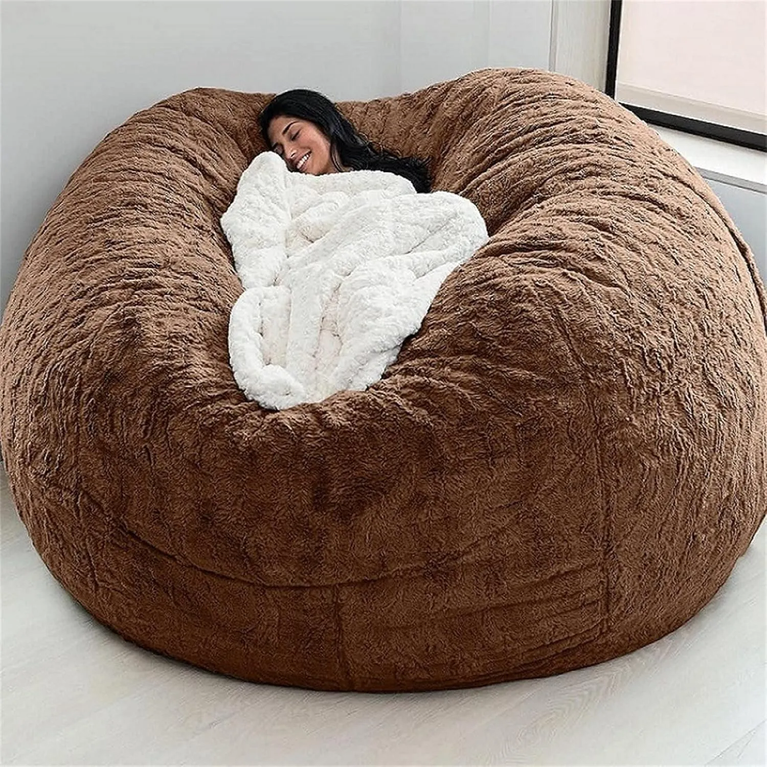 Giant Fur Bean Bag Chair Cover for Kids Adults, (No Filler) Living Room Furniture Big Round Soft Fluffy Faux Fur Beanbag Lazy Sofa Bed Cover (Dark Khaki, 7FT)