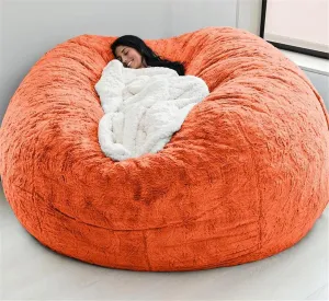Giant Fur Bean Bag Chair Cover for Kids Adults, (No Filler) Living Room Furniture Big Round Soft Fluffy Faux Fur Beanbag Lazy Sofa Bed Cover (Orange, 7FT)